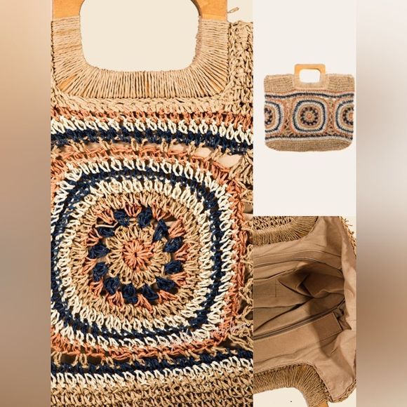 🆕 Square Straw Braided Bag w/ Wooden Handle - Picture 2 of 5
